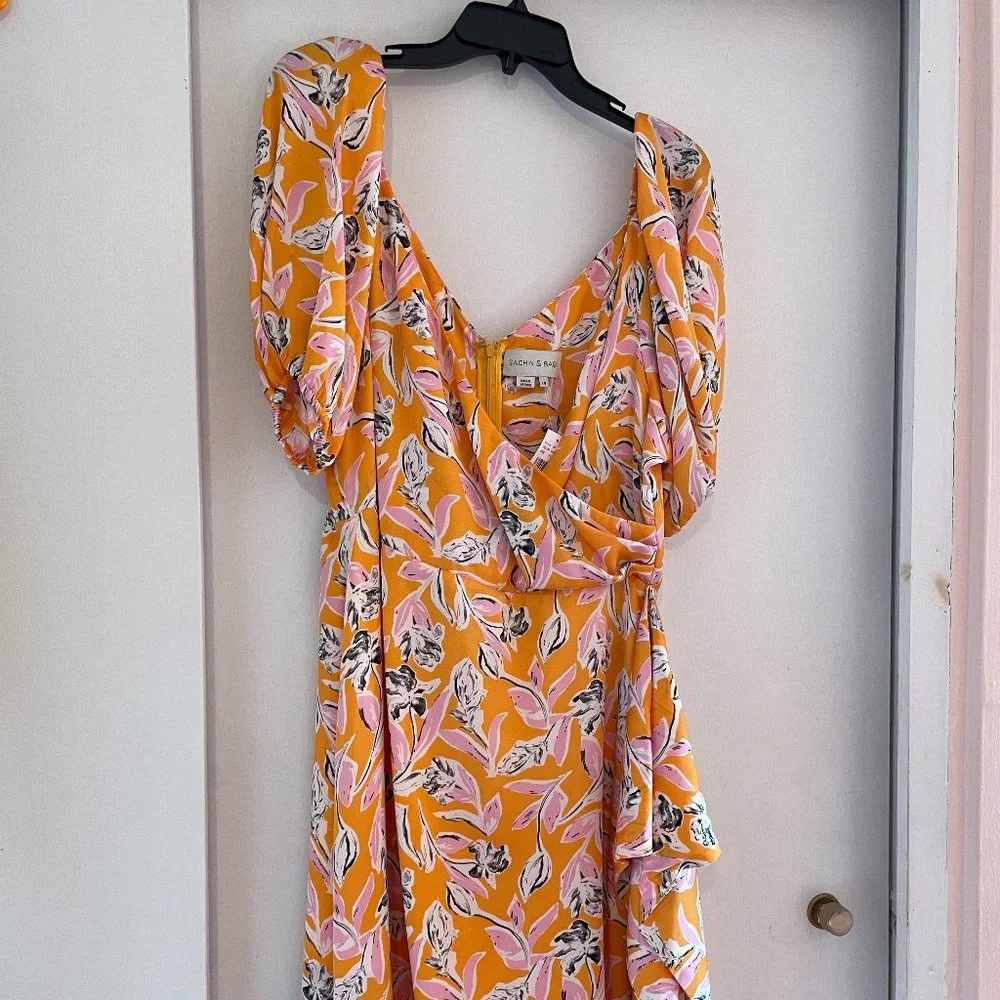 NWT Sachin Babi AVA Orange Pink Floral Ruffle Midi Wrap Dress Puff Sleeve - Picture 6 of 10